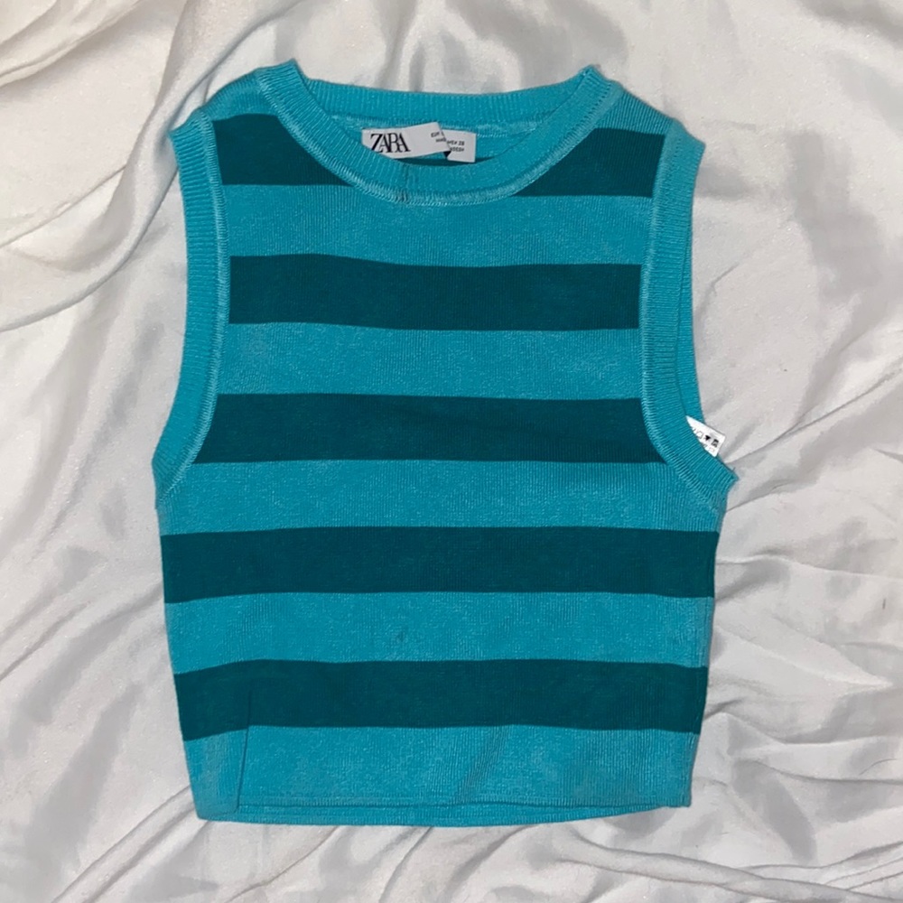 ZARA Teal Striped Cropped Halter Top
